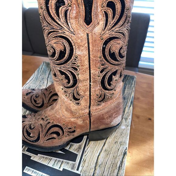 Corral Tan Western Boot Snip Toe Women's Size 8M Inlay Pattern - Picture 6 of 9